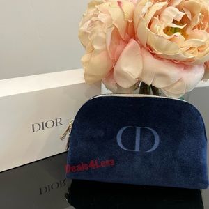Dior Pouch Bag Cosmetic Case Purse Navy Velvet Logo Gold Zippers NEW